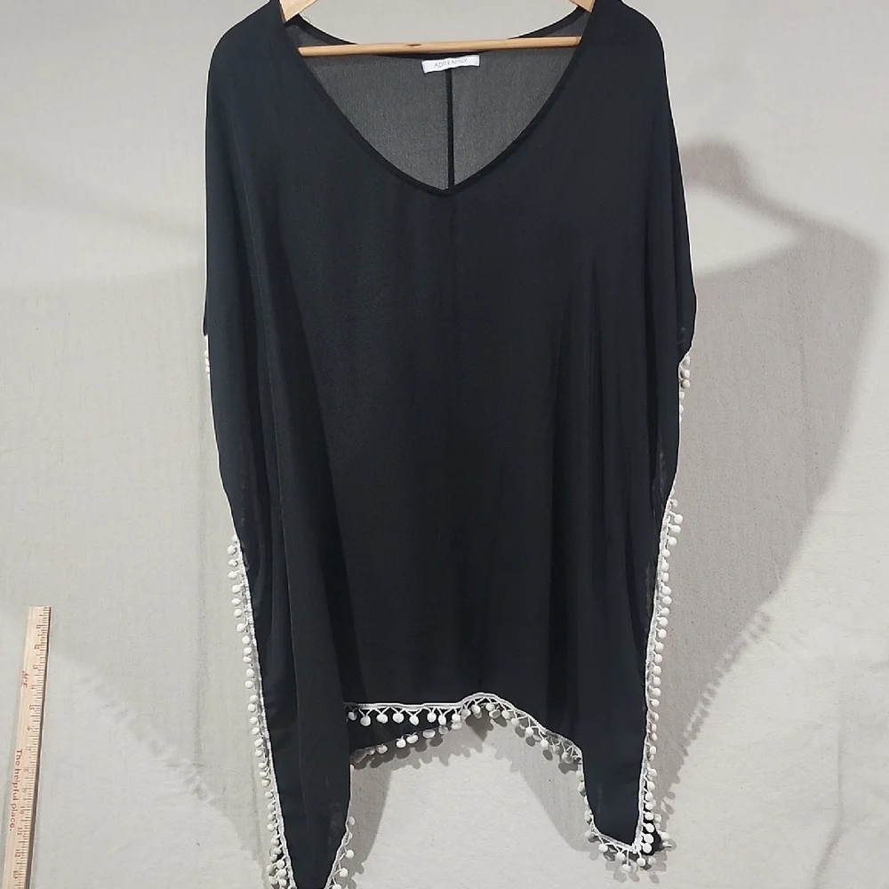 Adreamily Black Semi Sheer Poncho / Bathing‎ Suit Cover W/ White Pom Pom Trim OS